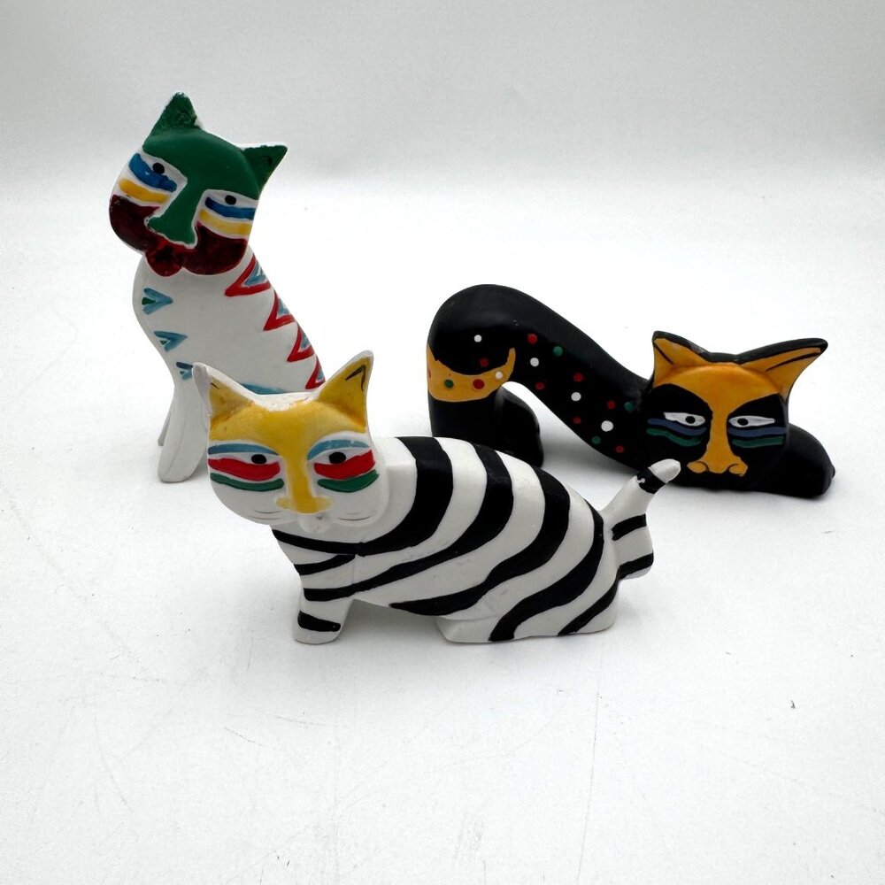 Colorful Vintage Ceramic Cat Set of 3 Figurines Sitting Cat Rests on Black Cat